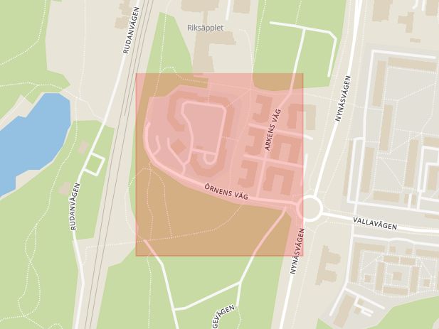 Karta som med röd fyrkant ramar in Örnens Väg, Haninge, Stockholms län