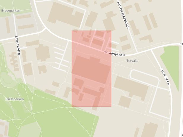 Karta som med röd fyrkant ramar in Dalarövägen, Fredrika Bremer, Haninge, Stockholms län