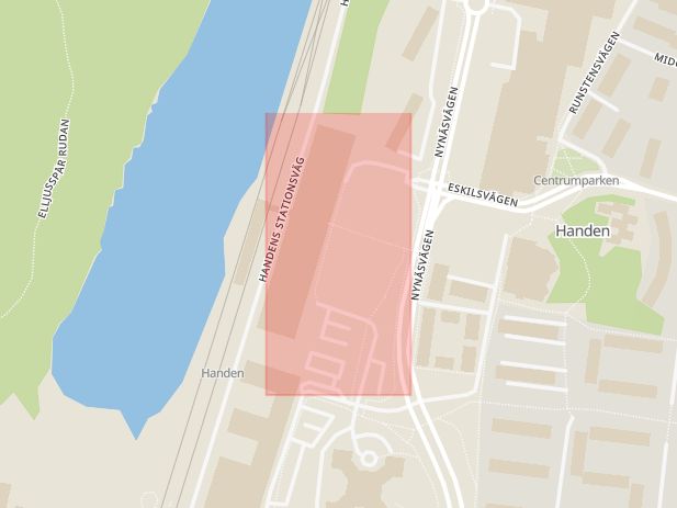 Karta som med röd fyrkant ramar in Trafikplats Handen, Haninge, Stockholms län