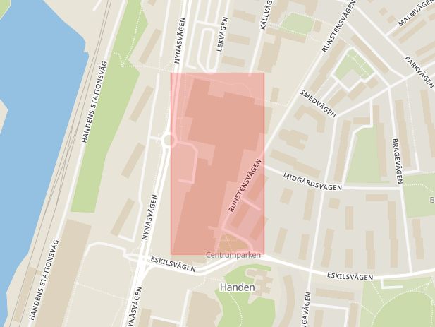 Karta som med röd fyrkant ramar in Haninge Centrum, Runstensvägen, Haninge, Stockholms län