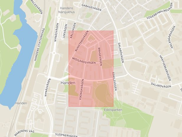 Karta som med röd fyrkant ramar in Vikingavägen, Haninge, Stockholms län
