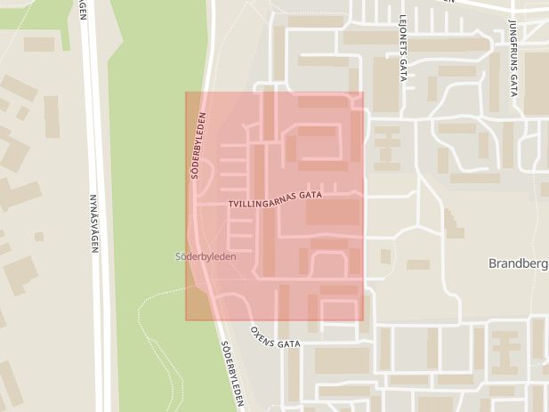 Karta som med röd fyrkant ramar in Brandbergen, Tvillingarnas Gata, Haninge, Stockholms län