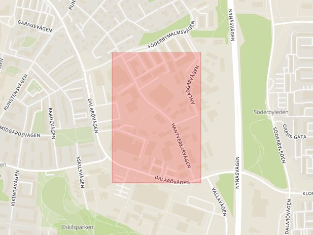 Karta som med röd fyrkant ramar in Hantverkarvägen, Haninge, Stockholms län