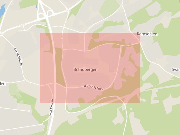 Karta som med röd fyrkant ramar in Brandbergen, Farsta, Haninge, Stockholms län