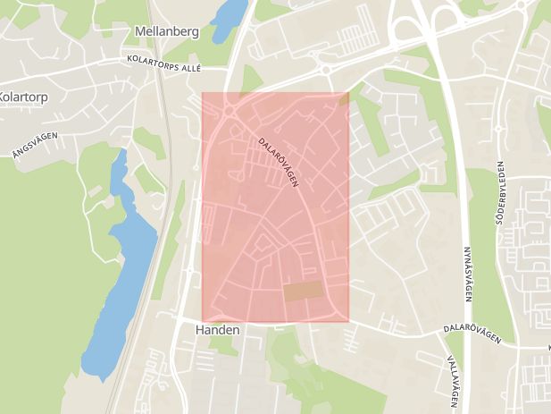 Karta som med röd fyrkant ramar in Runstensvägen, Haninge, Stockholms län