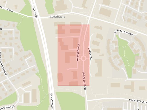 Karta som med röd fyrkant ramar in Markörgatan, Haninge, Stockholms län