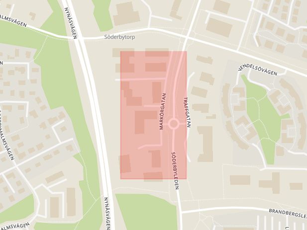 Karta som med röd fyrkant ramar in Markörgatan, Brandbergen, Haninge, Stockholms län