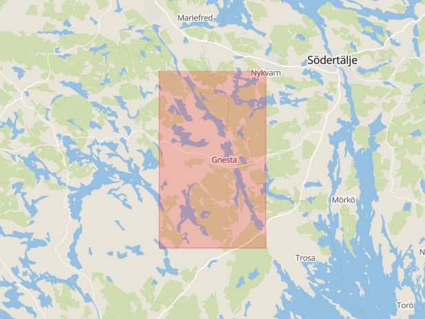 Karta som med röd fyrkant ramar in Gnesta, Nyköping, Stavsjö, Leran, Södermanlands län