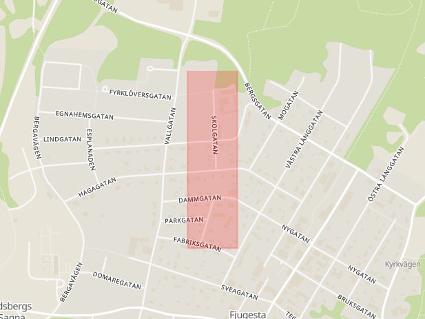 Karta som med röd fyrkant ramar in Skolgatan, Fjugesta, Lekeberg, Örebro län