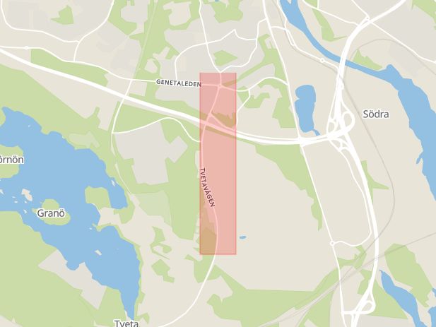 Karta som med röd fyrkant ramar in Tvetavägen, Södertälje, Stockholms län