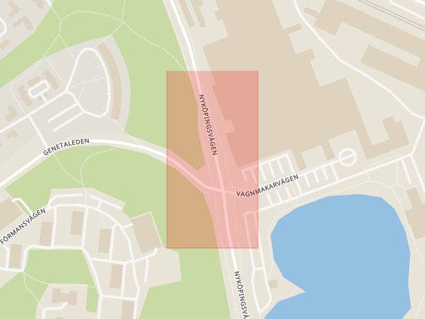 Karta som med röd fyrkant ramar in Genetaleden, Nyköpingsvägen, Bangatan, Södertälje, Stockholms län