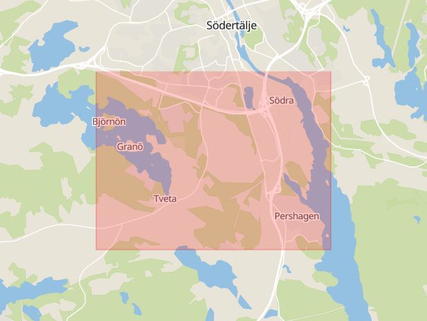 Karta som med röd fyrkant ramar in Tveta, Södertälje, Stockholms län