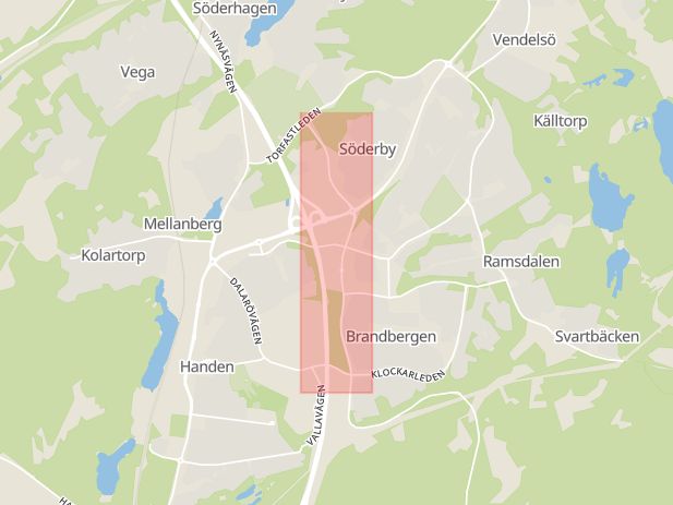 Karta som med röd fyrkant ramar in Söderbyleden, Haninge, Stockholms län