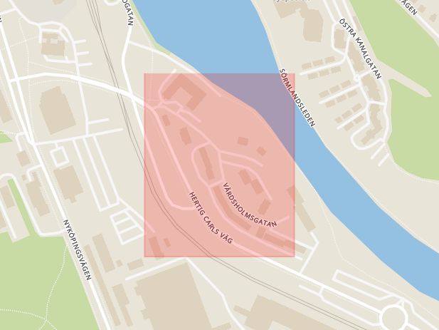Karta som med röd fyrkant ramar in Värdsholmsgatan, Södertälje, Stockholms län