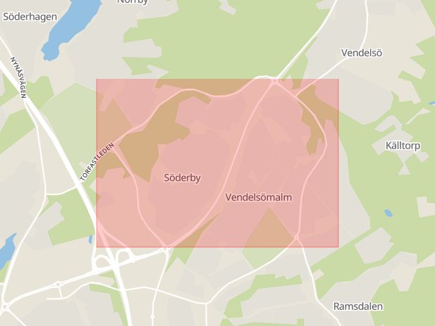 Karta som med röd fyrkant ramar in Söderby, Haninge, Stockholms län