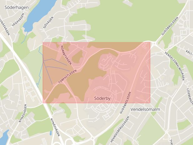 Karta som med röd fyrkant ramar in Torfastleden, Haninge, Stockholms län