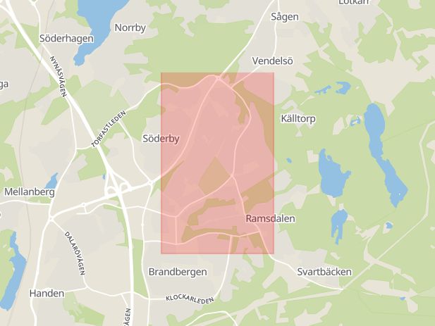 Karta som med röd fyrkant ramar in Vendelsömalmsvägen, Haninge, Stockholms län