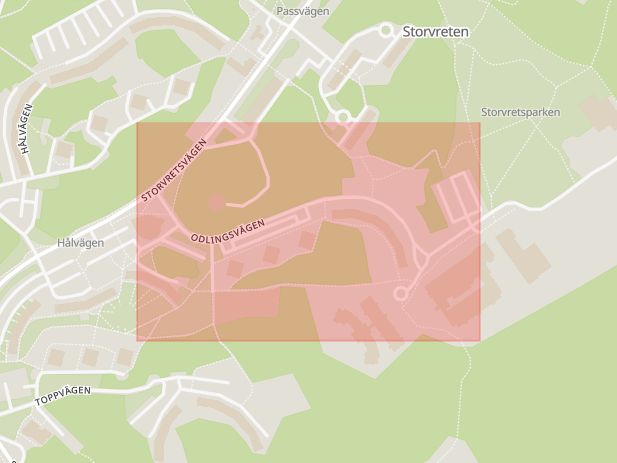 Karta som med röd fyrkant ramar in Tumba, Odlingsvägen, Botkyrka, Stockholms län