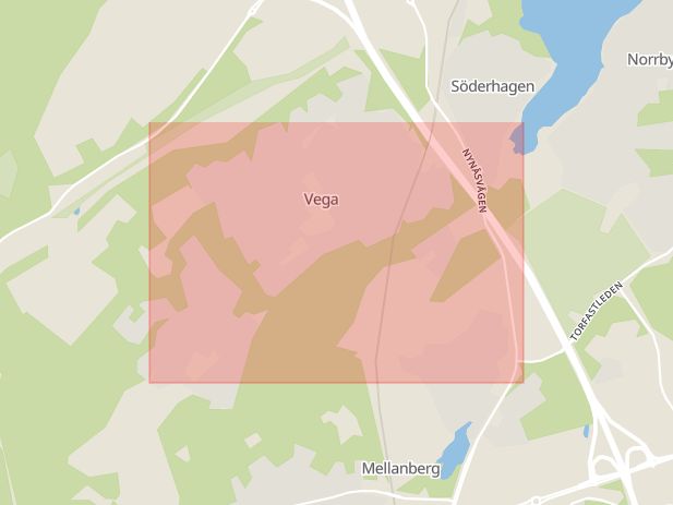 Karta som med röd fyrkant ramar in Vega, Stockholm, Haninge, Stockholms län