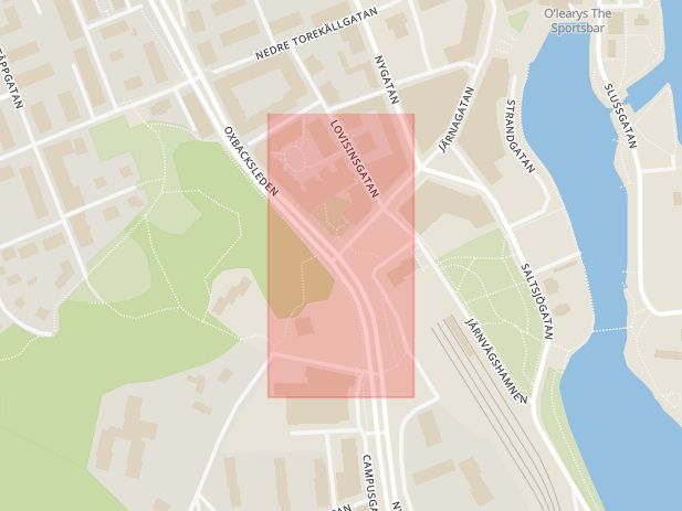 Karta som med röd fyrkant ramar in Järnagatan, Nyköpingsvägen, Södertälje, Stockholms län