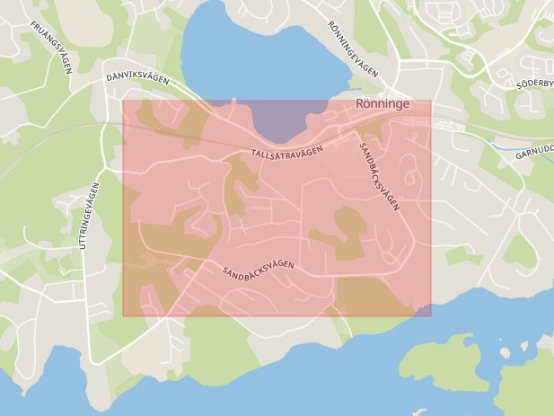 Karta som med röd fyrkant ramar in Sandbäcksvägen, Salem, Stockholms län