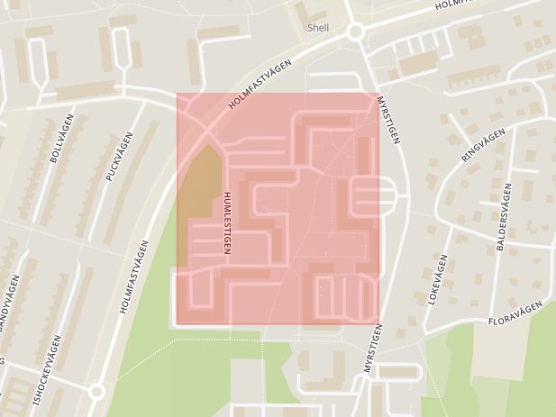 Karta som med röd fyrkant ramar in Humlestigen, Södertälje, Stockholms län
