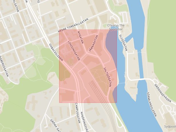 Karta som med röd fyrkant ramar in Lovisinsgatan, Södertälje, Stockholms län