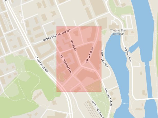 Karta som med röd fyrkant ramar in Järnagatan, Södertälje, Stockholms län