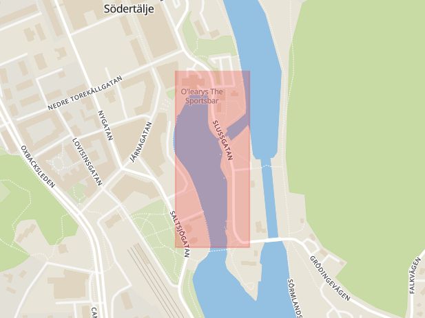 Karta som med röd fyrkant ramar in Slussgatan, Södertälje, Stockholms län