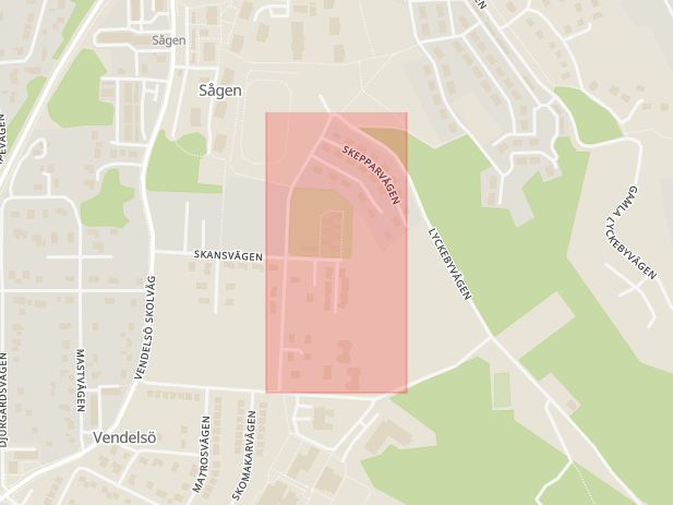Karta som med röd fyrkant ramar in Vendelsö, Skepparvägen, Haninge, Stockholms län