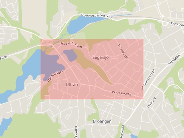 Karta som med röd fyrkant ramar in Vattravägen, Tumba, Botkyrka, Stockholms län