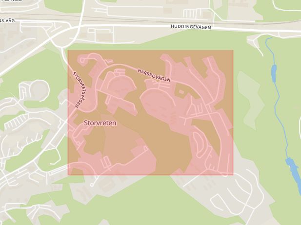 Karta som med röd fyrkant ramar in Harbrovägen, Tumba, Botkyrka, Stockholms län