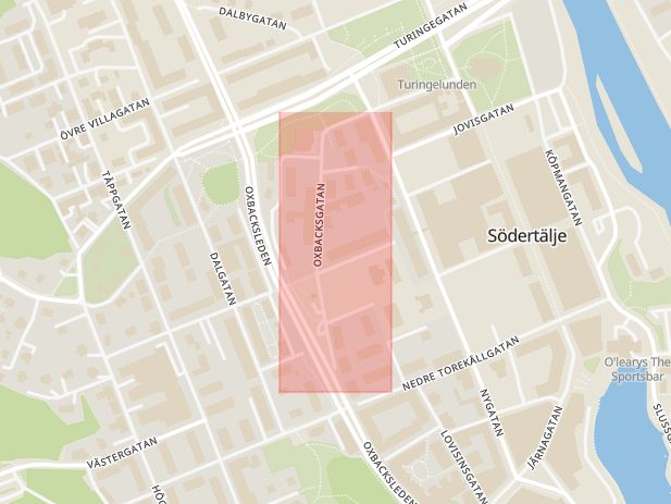 Karta som med röd fyrkant ramar in Oxbacksgatan, Södertälje, Stockholms län