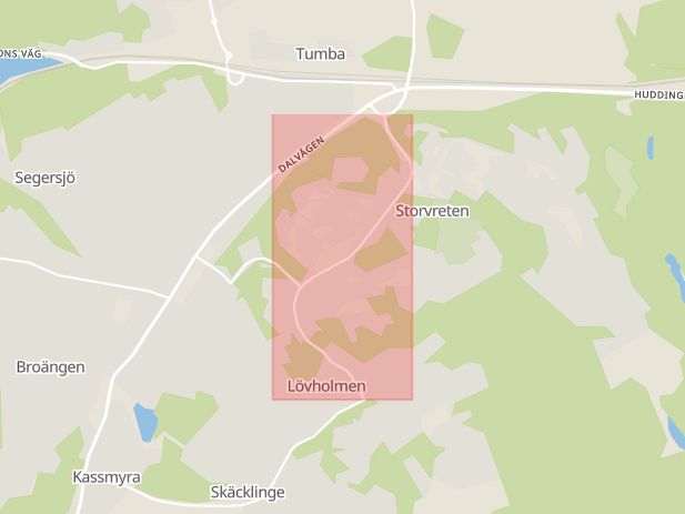 Karta som med röd fyrkant ramar in Storvretsvägen, Tumba, Botkyrka, Stockholms län