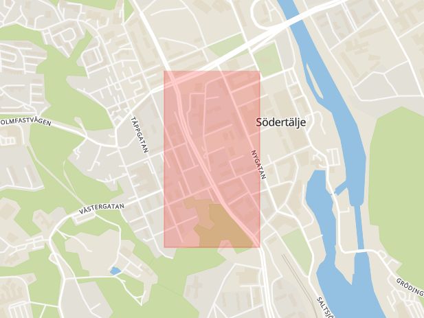 Karta som med röd fyrkant ramar in Oxbacksleden, Södertälje, Stockholms län