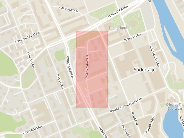 Karta som med röd fyrkant ramar in Södertälje Centrum, Oxbacksgatan, Södertälje, Stockholms län