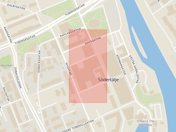 Karta som med röd fyrkant ramar in Nygatan, Storgatan, Södertälje, Stockholms län
