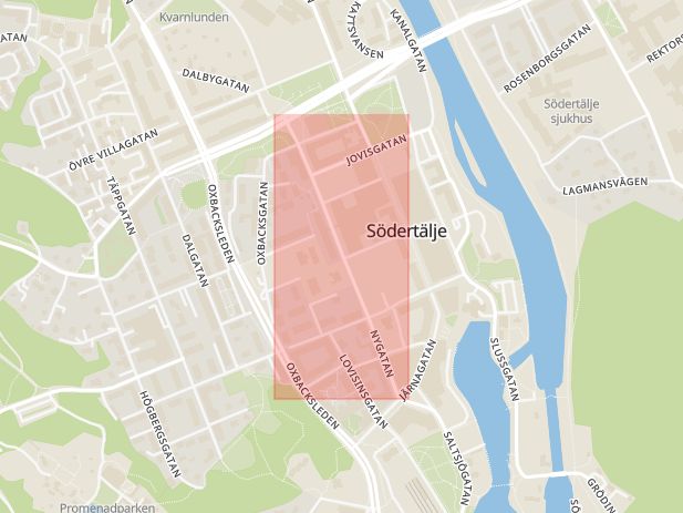 Karta som med röd fyrkant ramar in Nygatan, Södertälje, Stockholms län