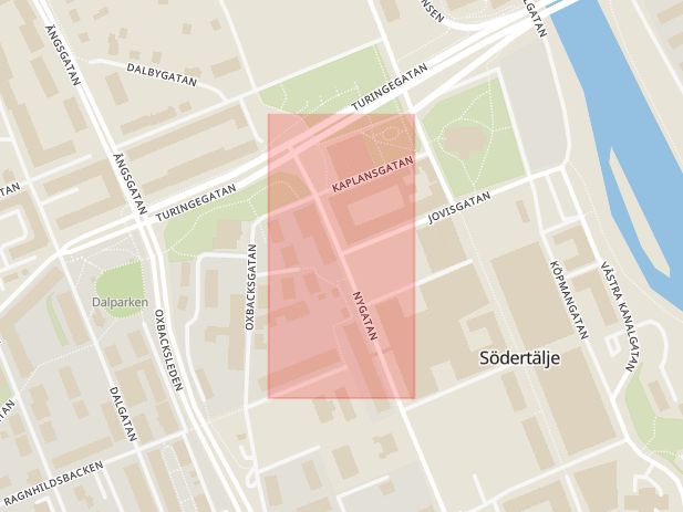Karta som med röd fyrkant ramar in Jovisgatan, Nygatan, Södertälje, Stockholms län