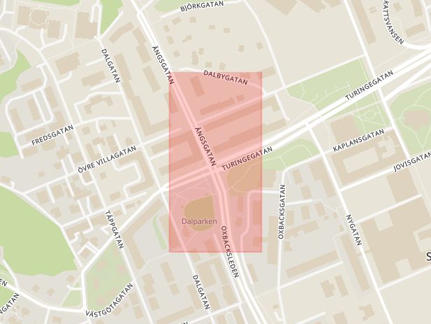 Karta som med röd fyrkant ramar in Turingegatan, Ängsgatan, Södertälje, Stockholms län