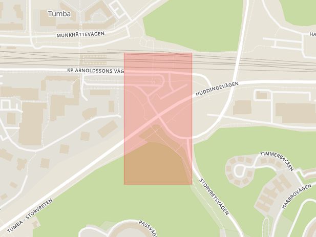 Karta som med röd fyrkant ramar in Dalvägen, Huddingevägen, Botkyrka, Stockholms län