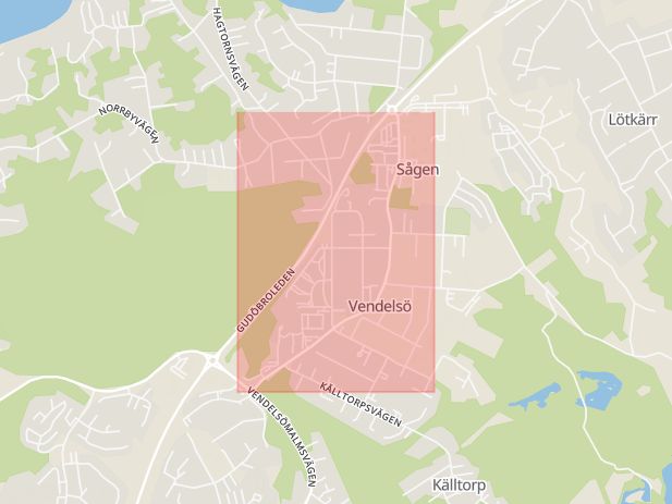 Karta som med röd fyrkant ramar in Vendelsö Skolväg, Haninge, Stockholms län