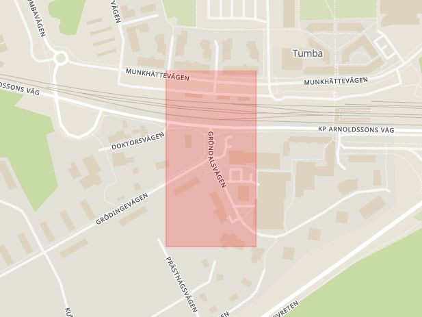Karta som med röd fyrkant ramar in Tumba, Grödingevägen, Gröndalsvägen, Botkyrka, Stockholms län