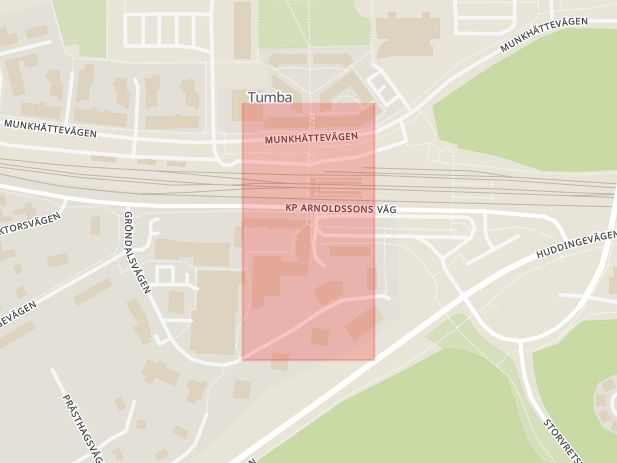 Karta som med röd fyrkant ramar in Huddingevägen, Tumba, Tumba Centrum, Botkyrka, Stockholms län