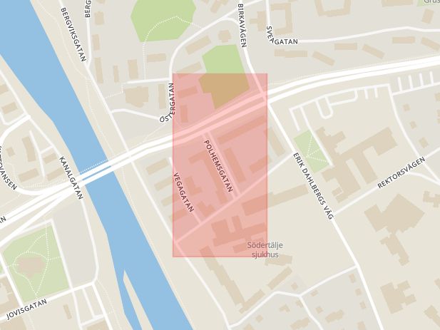 Karta som med röd fyrkant ramar in Polhemsgatan, Södertälje, Stockholms län