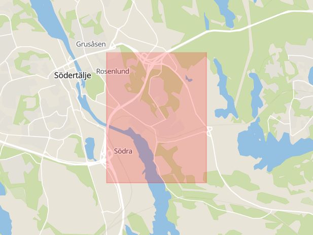 Karta som med röd fyrkant ramar in Östertälje, Södertälje, Stockholms län