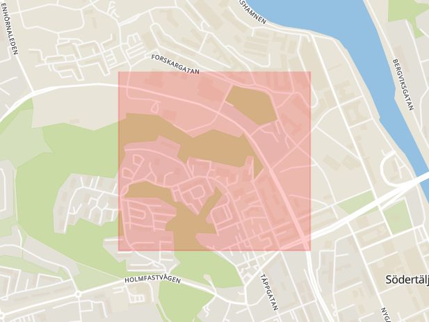 Karta som med röd fyrkant ramar in Ängsgatan, Södertälje, Stockholms län