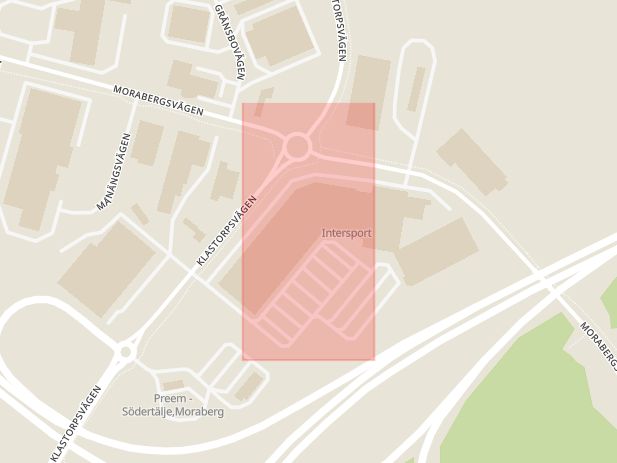 Karta som med röd fyrkant ramar in Moraberg, Essingeleden, Södertälje, Stockholms län
