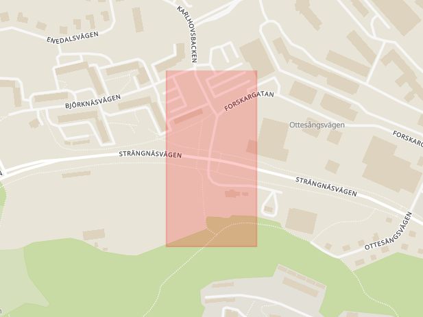 Karta som med röd fyrkant ramar in Strängnäsvägen, Ängsgatan, Södertälje, Stockholms län