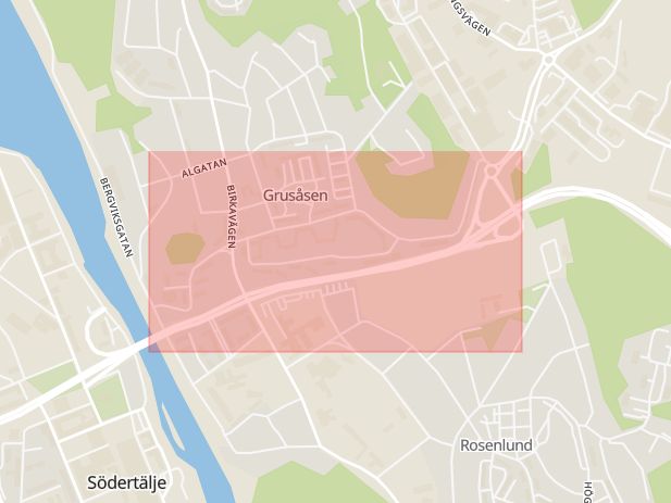Karta som med röd fyrkant ramar in Östergatan, Södertälje, Stockholms län